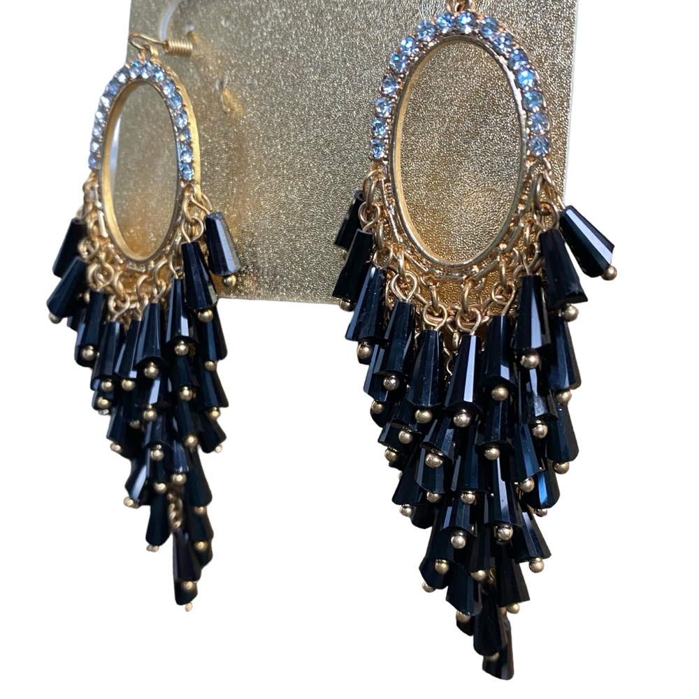 NWT Natasha Black Gold Multilayer Chain Dangle Earrings Cubic Zirconia Crystals